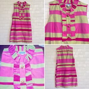 Devon Baer NY Silk Pink Green Striped Ruffle Neck Dress Preppy sz MED